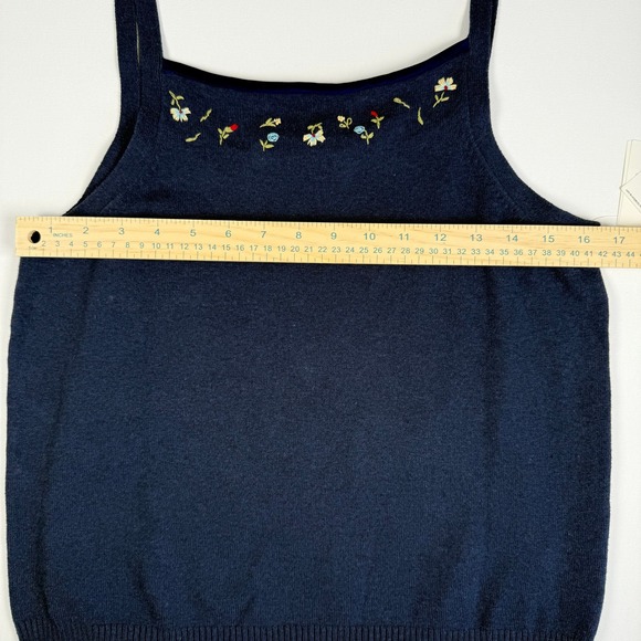 Liz Claiborne Navy‎ Blue Embroidered Floral Velvet Trim Knit Tank Top Women's L - Picture 12 of 12